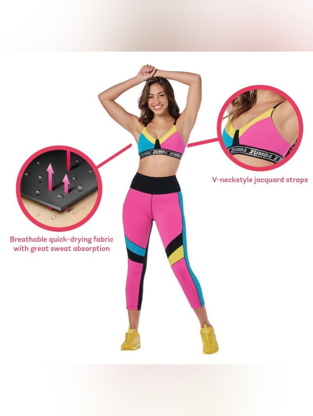 Zumba Glow Color-block Sports Bra size Large Lovely XXL XXLarge Blue Pink Yellow - Picture 5 of 8